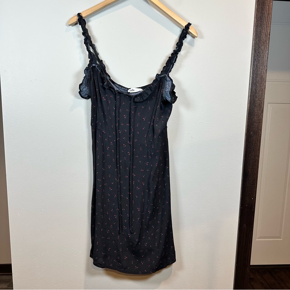 Elodie V-Neck Ruffle Strap Black Floral Cherry Print Mini Dress Sexy Flirty Cute